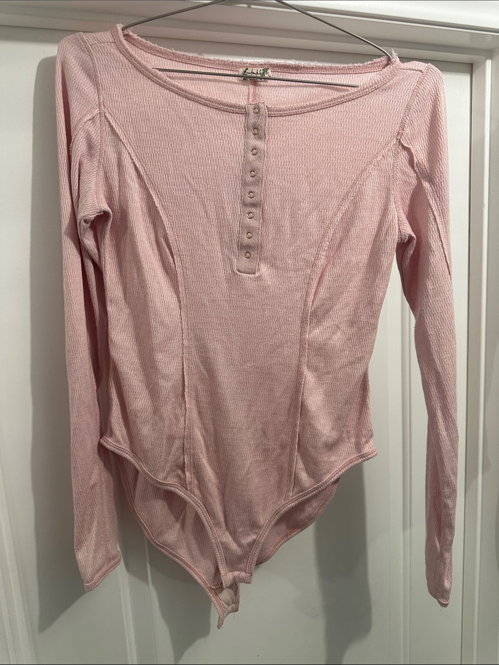 Free People Pale Pink Ribbed Snap-Front Bodysuit
